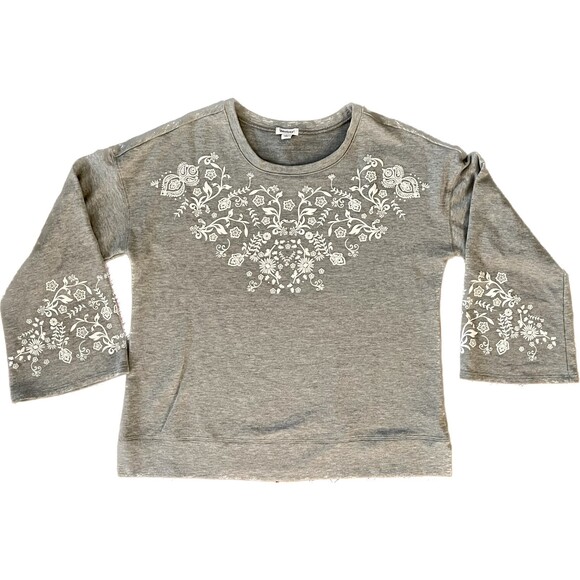 Westport | Gray with Floral Appliqués Bell Sleeve Sweatshirt | Large - Picture 1 of 7
